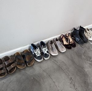 Women's shoe lot: wedges, sneakers, sandals, and boots